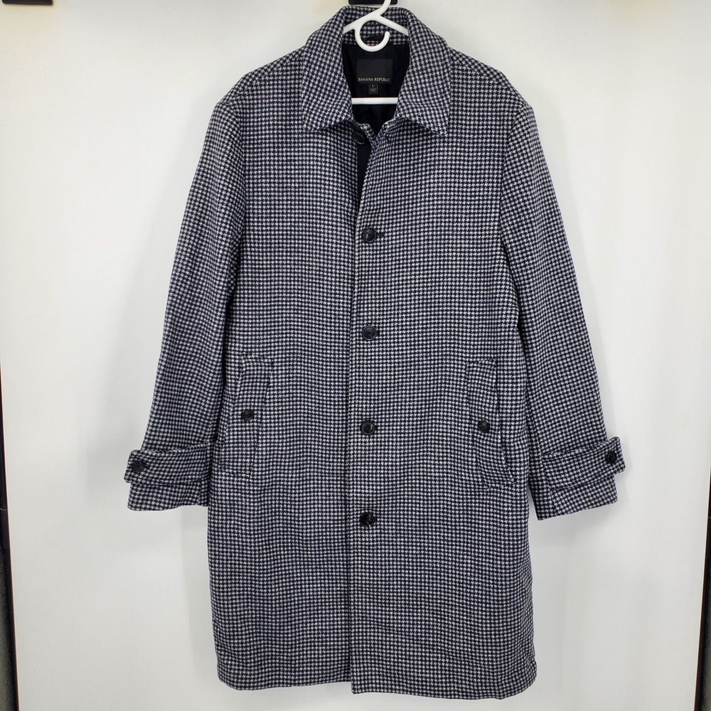 Banana Republic Navy Houndstooth Wool‎ Blend Italian Emmetex Car Coat L Formal